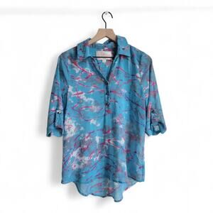 Rory Beca Popover Cerulean Blue Sheer Abstract Print Top Size Small